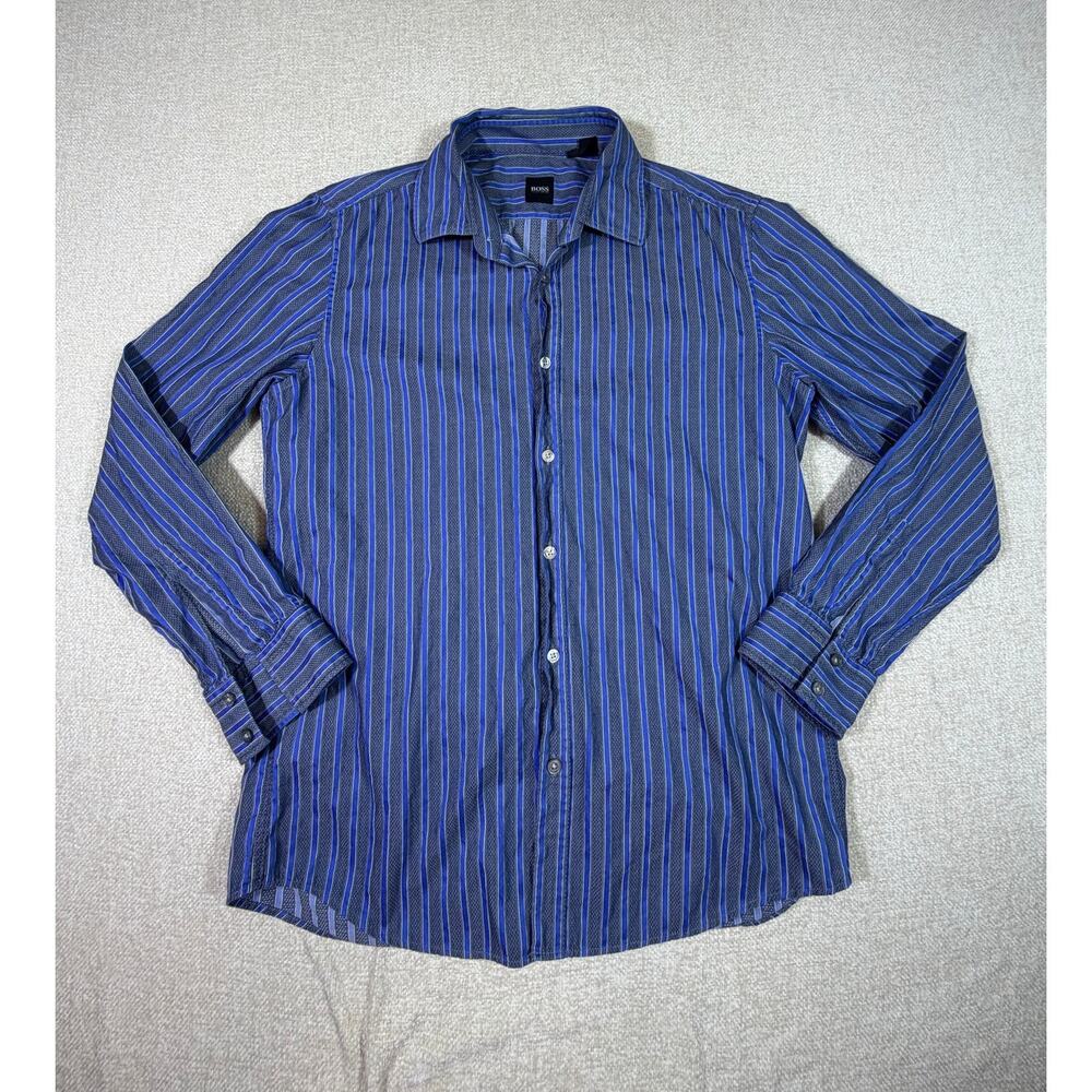Boss Hugo Boss Men's Large Gray Blue Striped Button Front Long Sleeve Shirt